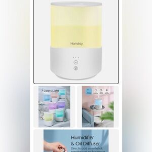 Homasy White 7 Color Mood Light Humidifier & Oil Diffuser. New See Pictures